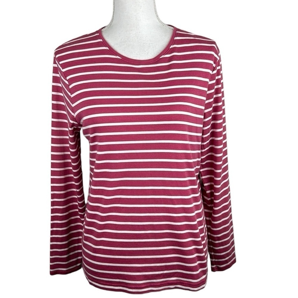 Croft & Barrow Classic Tee Pink & White Striped Long Sleeve Cotton Top Size M